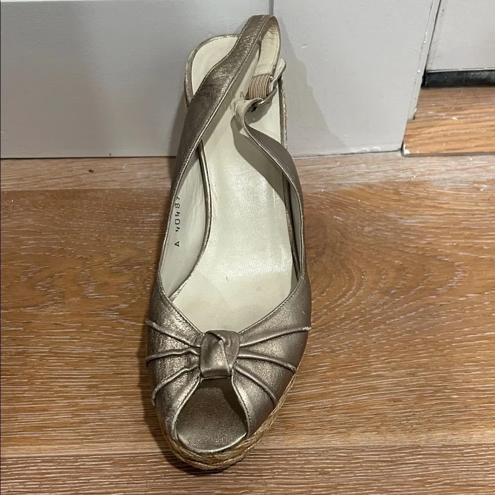 Stuart Weitzman Metallic Wedge Sandals, Size 7.5 - Picture 2 of 16